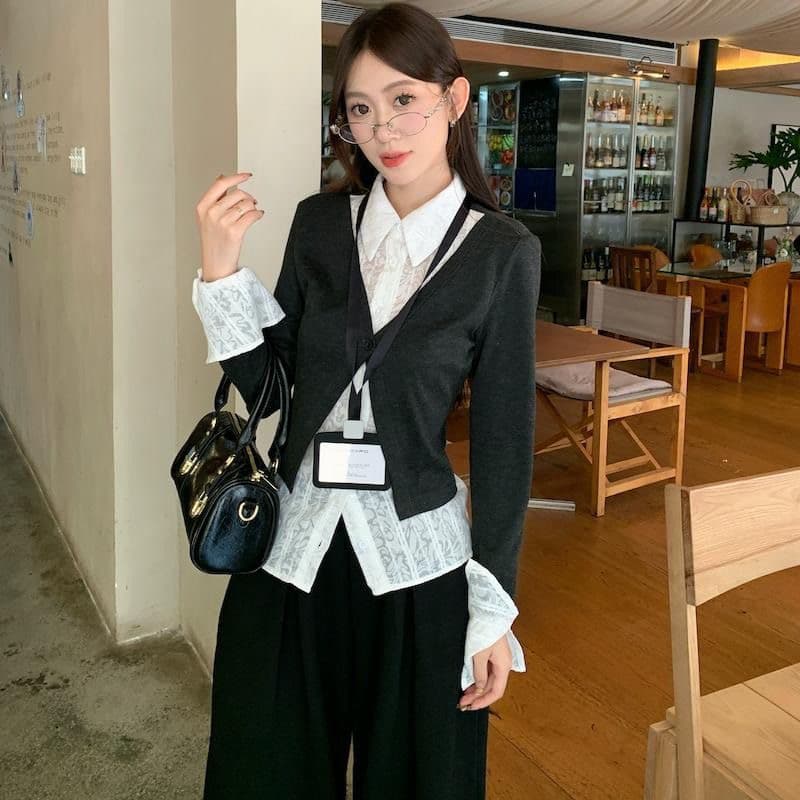 원본 원단 디자인 센스 긴팔 POLO 칼라 셔츠 가을 겨울 몸매 가꾸기 슬림해 보이는 페이크 레이어드 Chic 맨위