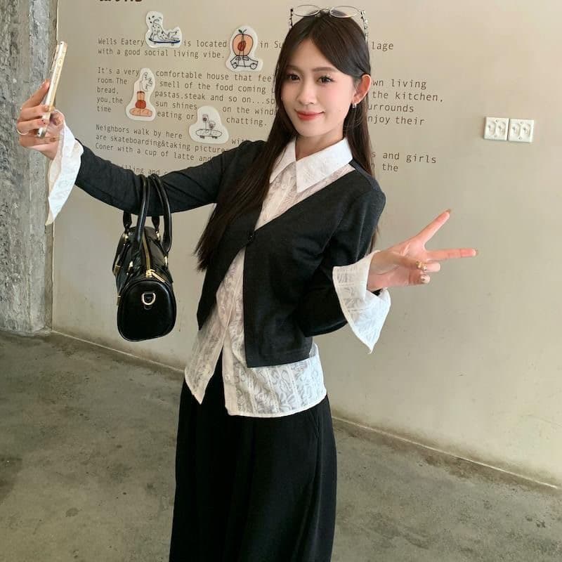 원본 원단 디자인 센스 긴팔 POLO 칼라 셔츠 가을 겨울 몸매 가꾸기 슬림해 보이는 페이크 레이어드 Chic 맨위 상세 이미지 4