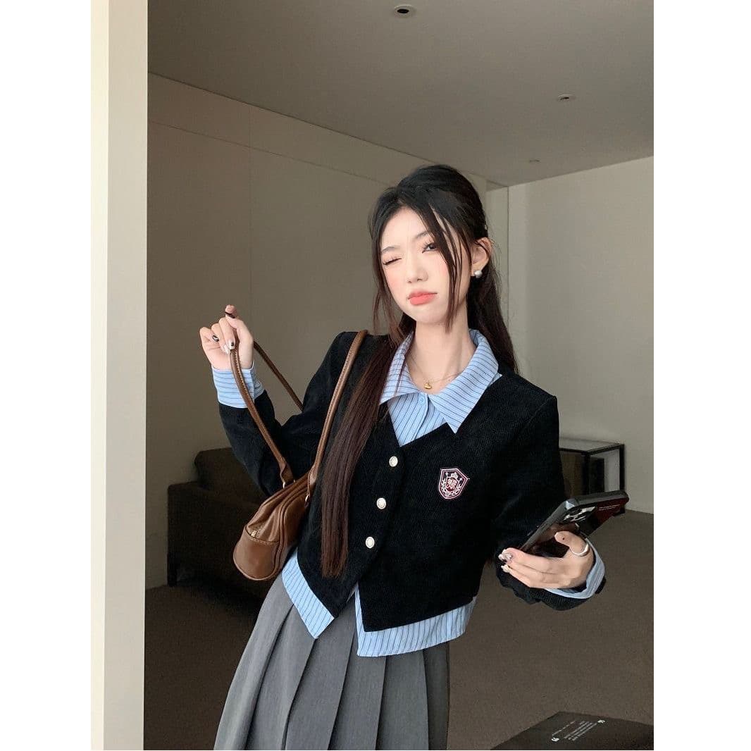 학원 스타일 페이크 레이어드 POLO 칼라 긴팔 셔츠 조기 봄 상세 이미지 1