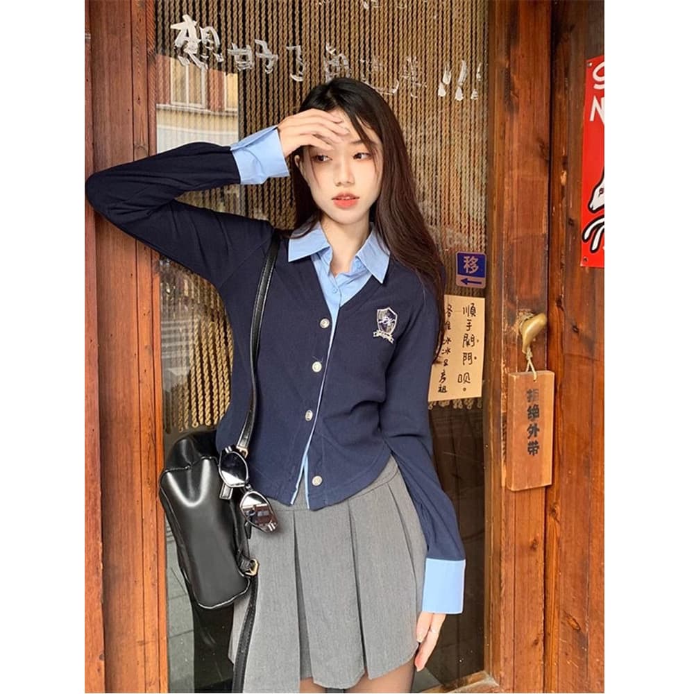 원본 원단 페이크 레이어드 POLO 칼라 여성 셔츠 가을 학원 스타일 몸매 가꾸기 쇼트 스타일 스택 착용 오픈 가디건 맨위