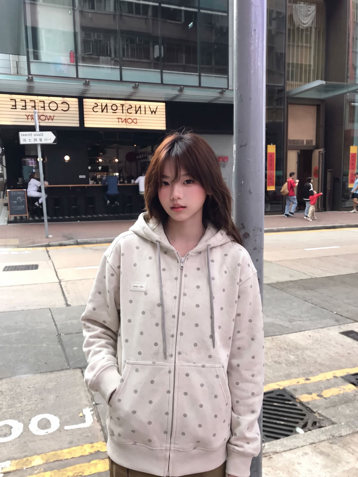 후아 면 복합 마 오래된 공예 가을 지퍼 회색 맨위 도트 무늬 후드 티 스웨터 이미지 4