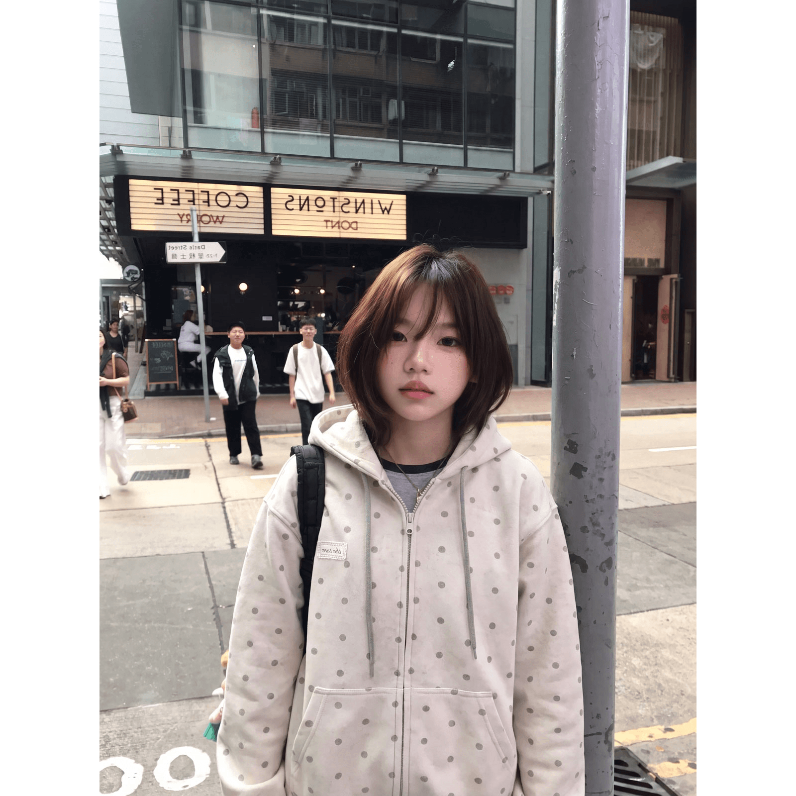 후아 면 복합 마 오래된 공예 가을 지퍼 회색 맨위 도트 무늬 후드 티 스웨터 이미지 5