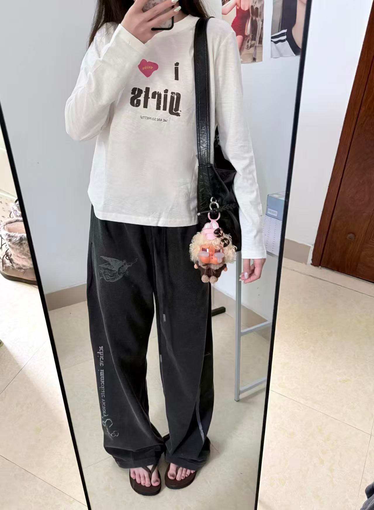 높은 품질 순면 200그램 21 빗질하다 정밀 프린트 가을 루즈핏 긴팔 티셔츠 여성 상세 이미지 1