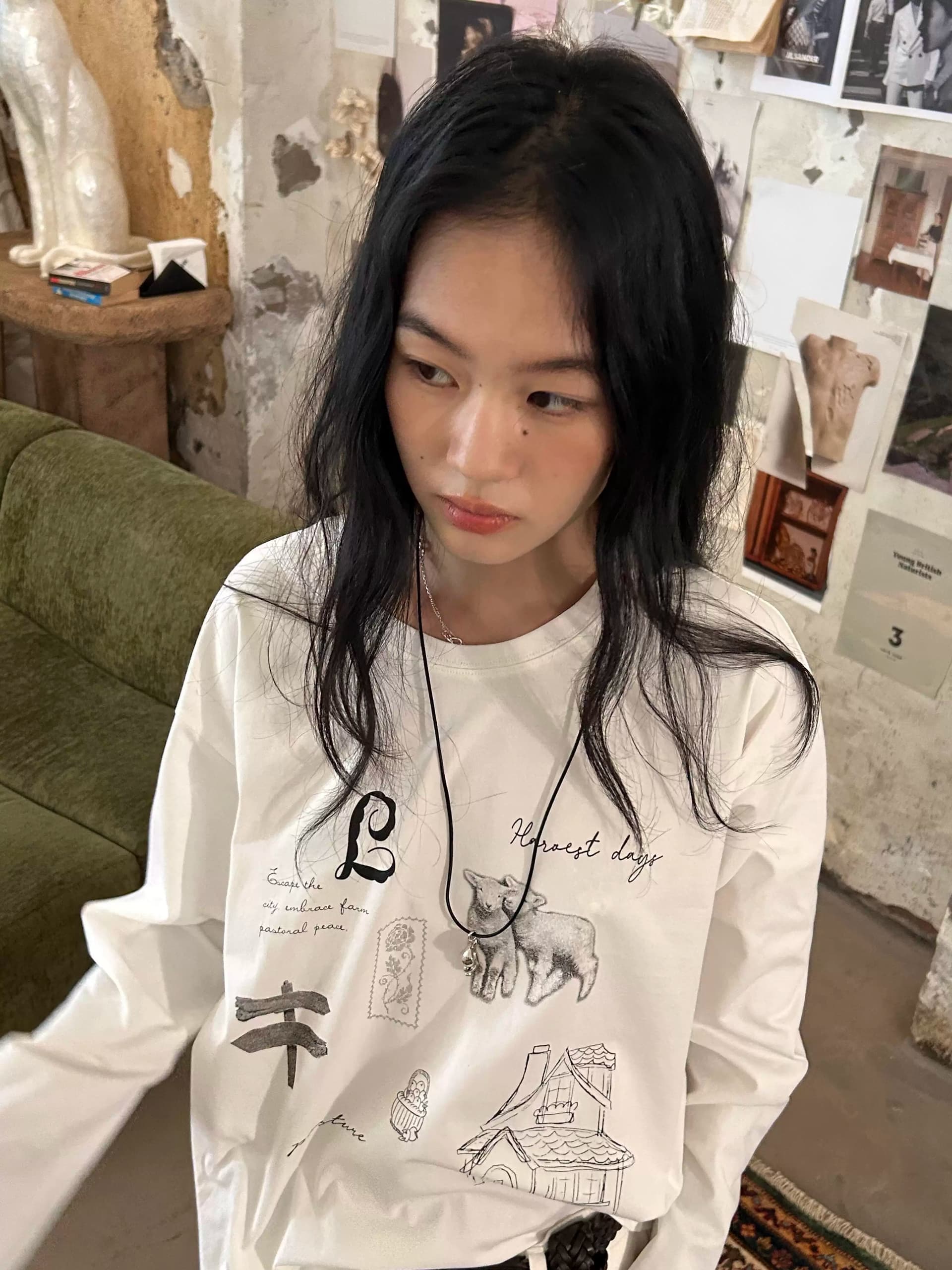 높은 품질 순면 200그램 21 빗질하다 정밀 프린트 가을 루즈핏 긴팔 티셔츠 여성 상세 이미지 1