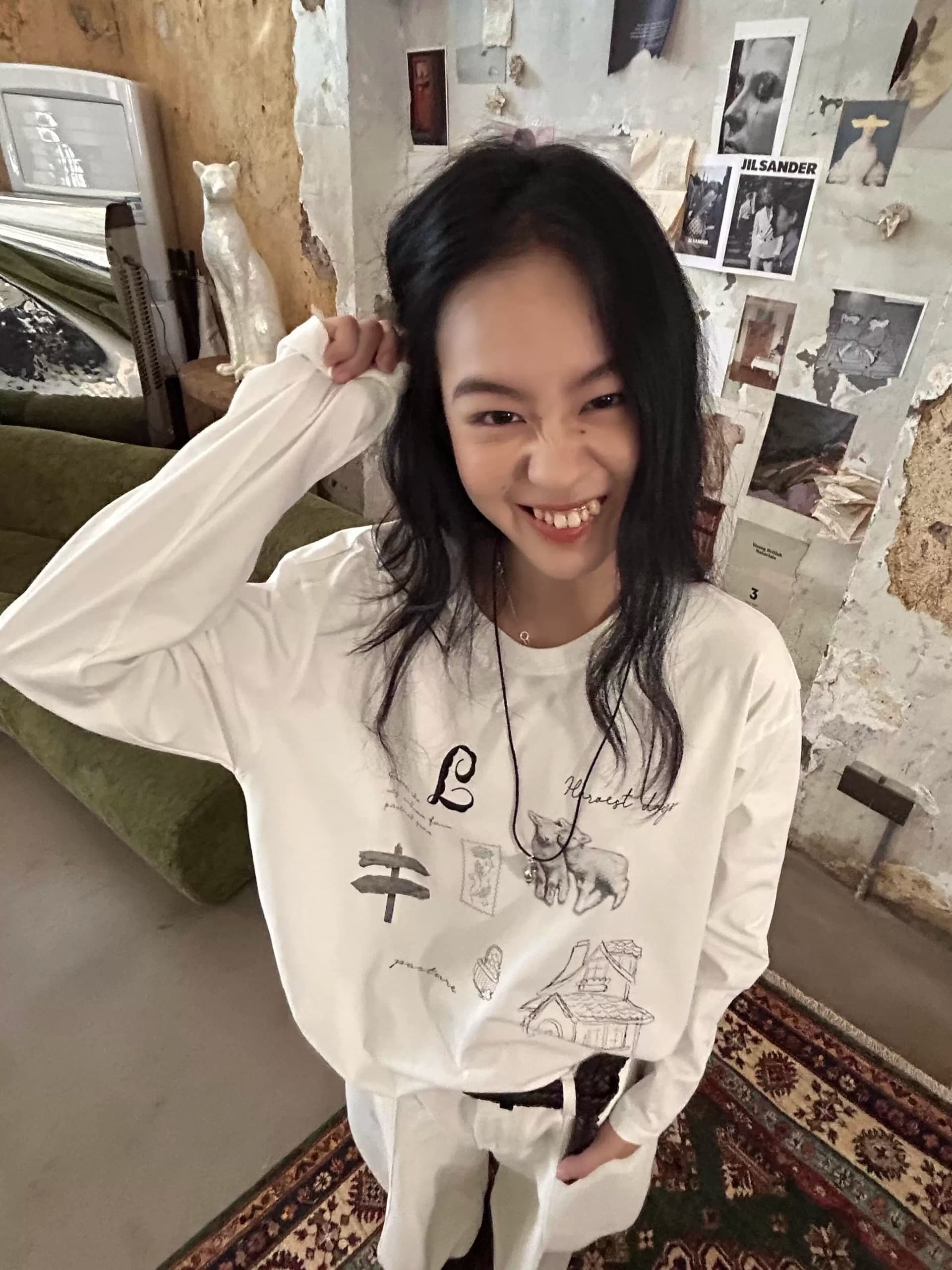 높은 품질 순면 200그램 21 빗질하다 정밀 프린트 가을 루즈핏 긴팔 티셔츠 여성 상세 이미지 4