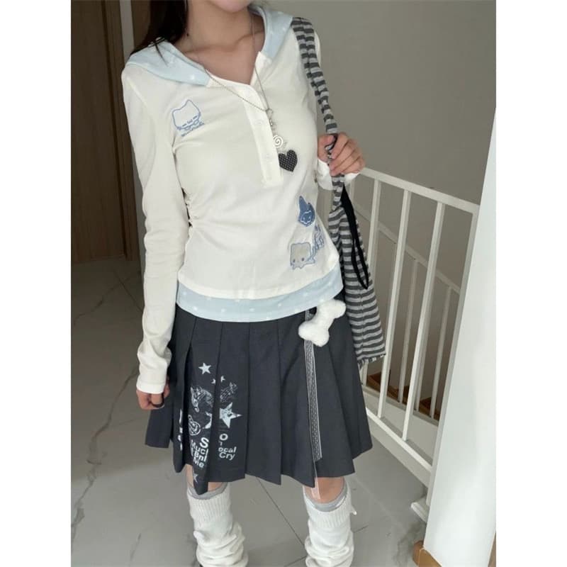 40 순면 리브 210 그램 1 1 달콤한 차가운 고양이 페이크 레이어드 후드 긴팔 티셔츠 여성 상세 이미지 2