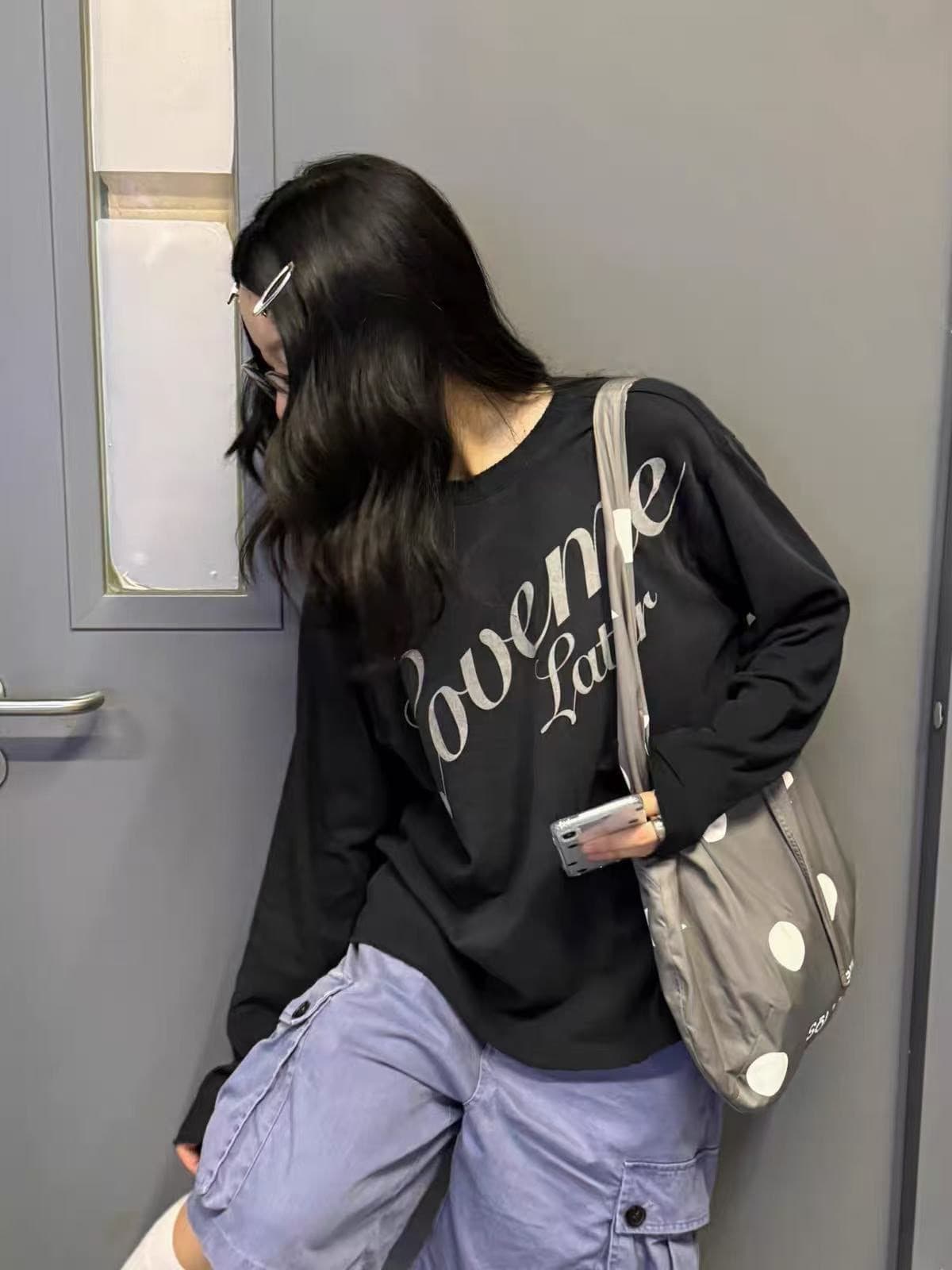 높은 품질 순면 200그램 21 빗질하다 정밀 프린트 가을 루즈핏 긴팔 티셔츠 여성 이미지 2
