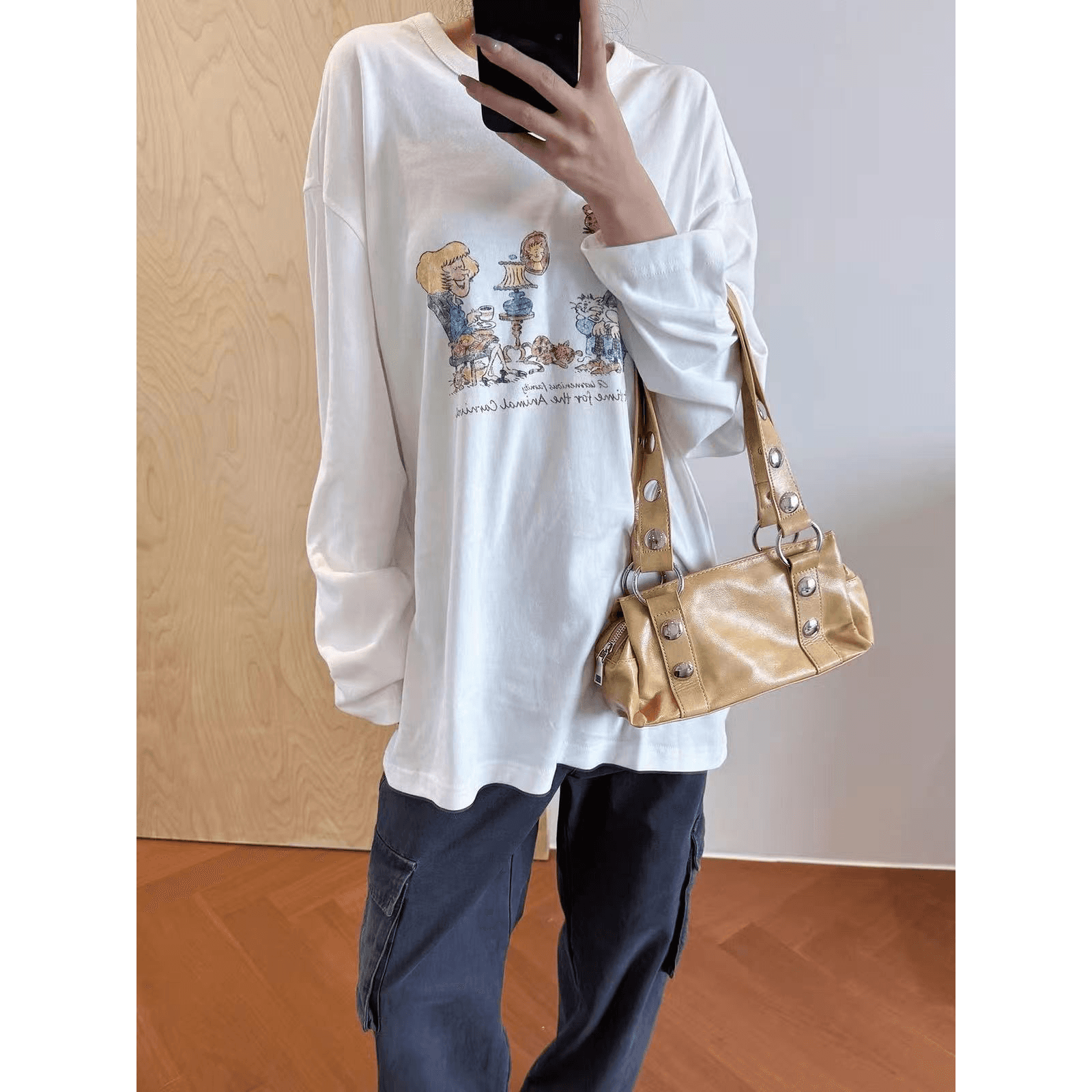 높은 품질 순면 200그램 21 빗질하다 정밀 프린트 가을 루즈핏 긴팔 티셔츠 여성 이미지 5