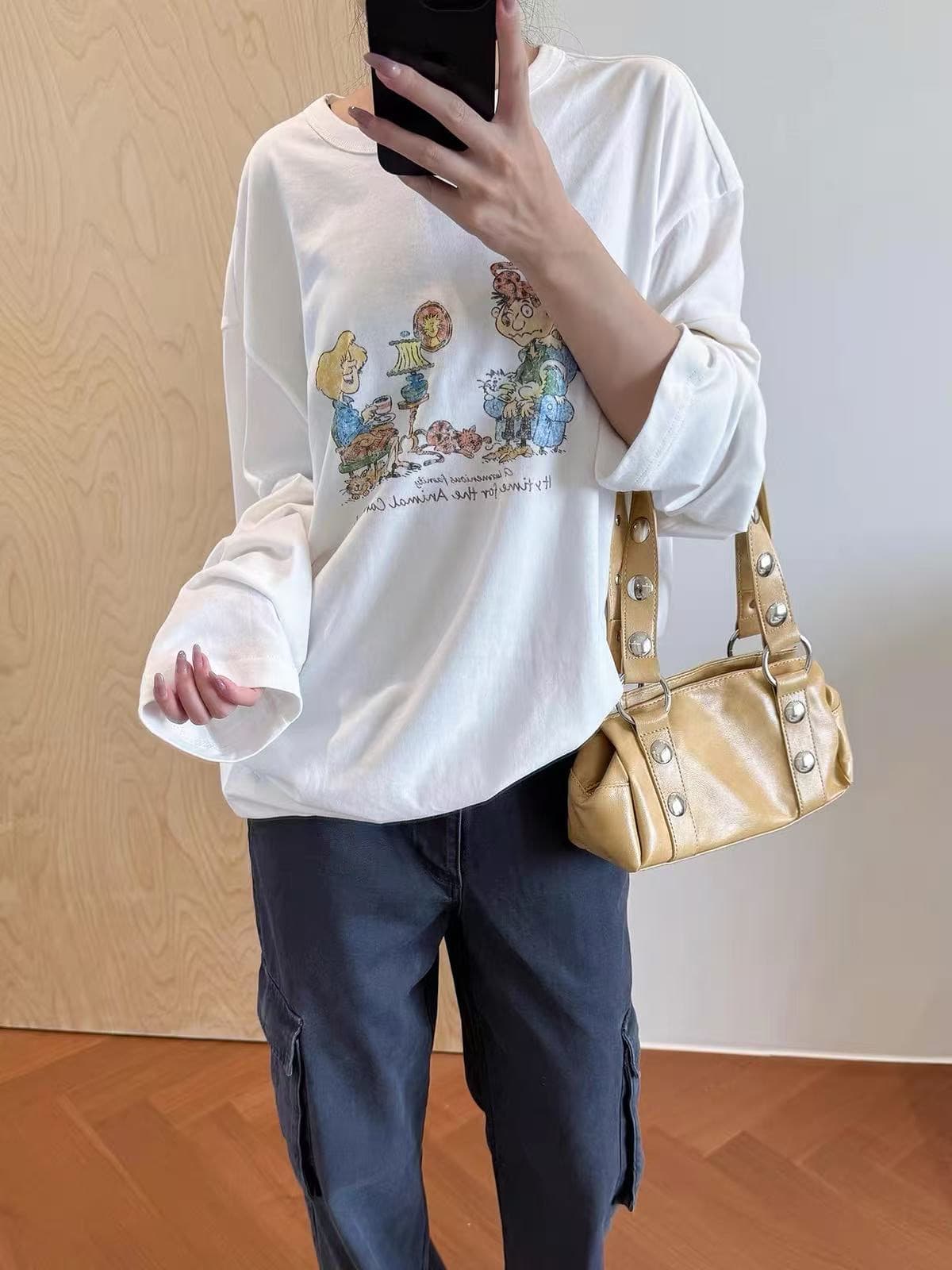 높은 품질 순면 200그램 21 빗질하다 정밀 프린트 가을 루즈핏 긴팔 티셔츠 여성 상세 이미지 1