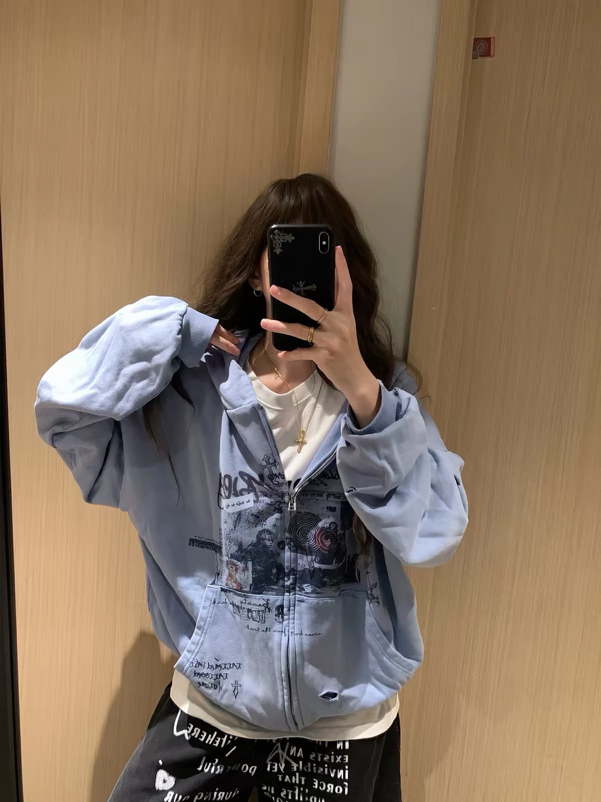 얇은 스타일 순수한 Mianhua 면 복합 프린트 펀칭 후드티 이미지 2