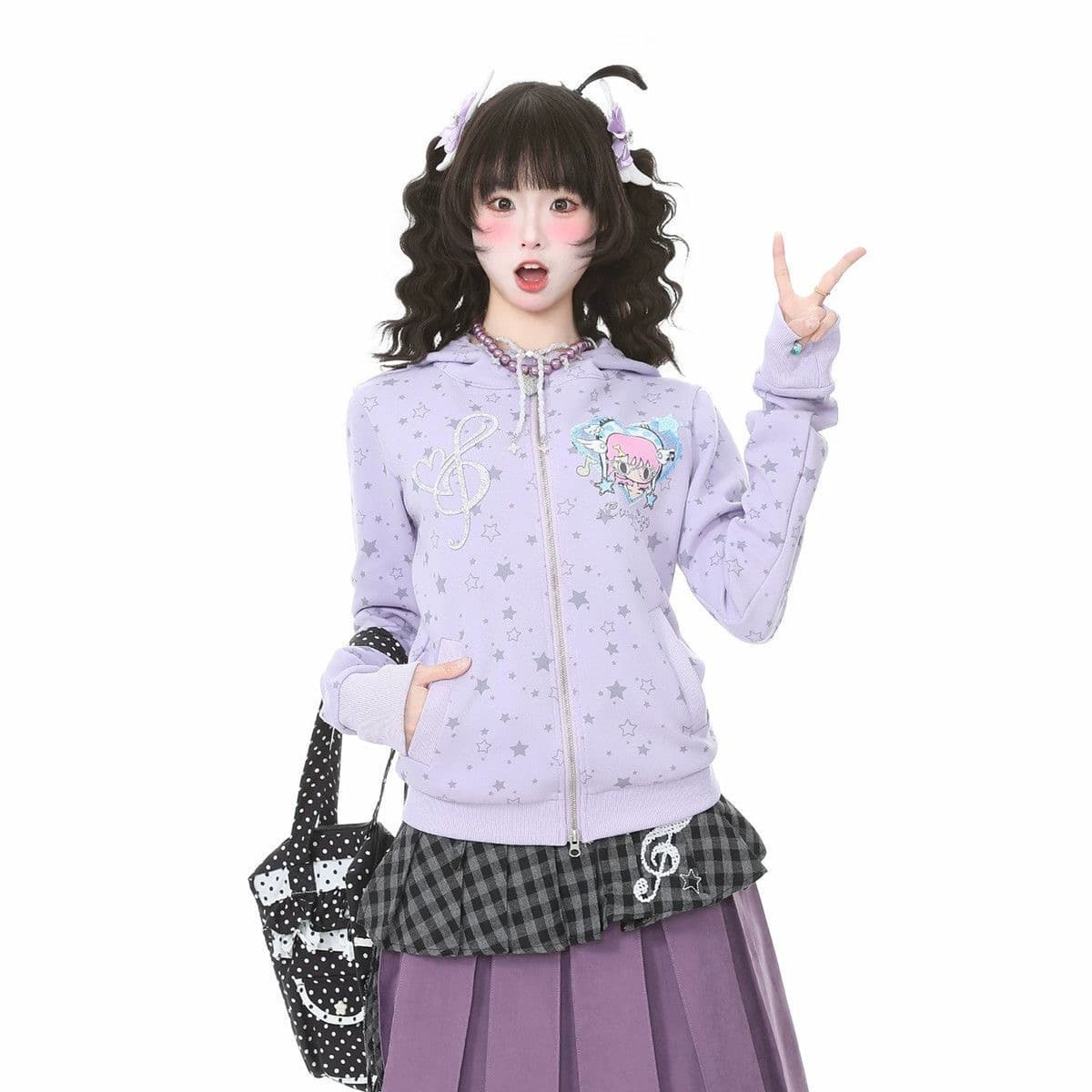 레트로 y2k 이문화 만화 소녀 프린트 전체 인쇄 별 후드 티 스웨터 여성 봄 가을 오픈 가디건 지퍼 재킷 상세 이미지 4