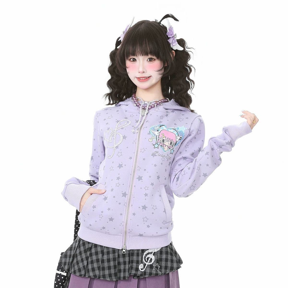 레트로 y2k 이문화 만화 소녀 프린트 전체 인쇄 별 후드 티 스웨터 여성 봄 가을 오픈 가디건 지퍼 재킷 상세 이미지 6