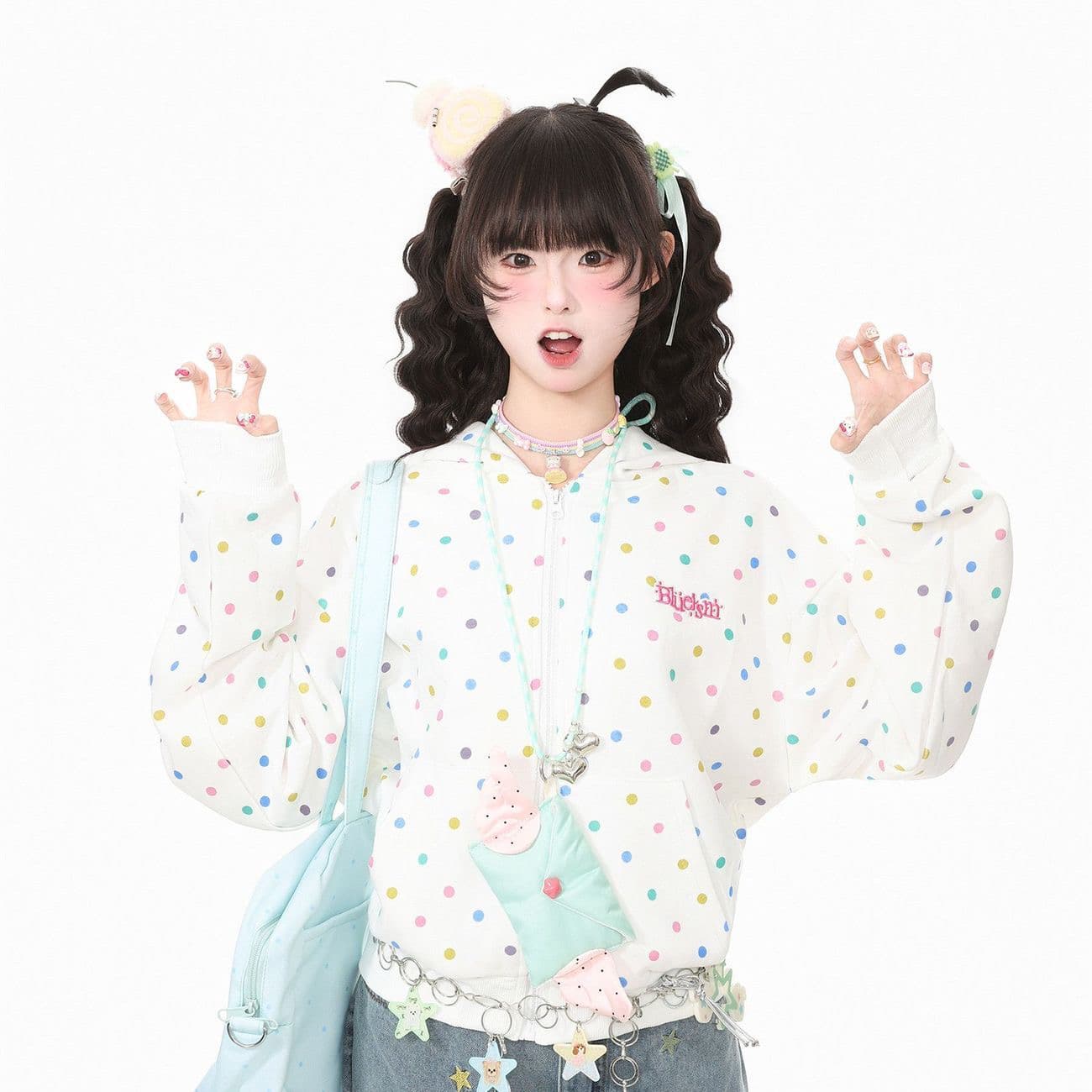 도파민 색상 도트 무늬 전체 인쇄 알파벳 자수 후드 오픈 가디건 후드티 여성 가을 얇은 스타일 지퍼 재킷 맨위 상세 이미지 3