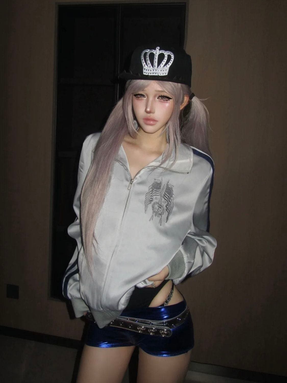단조 얼굴 패치워크 색상 블루 리본 레오파드 무늬 스탠드 칼라 거리 재킷