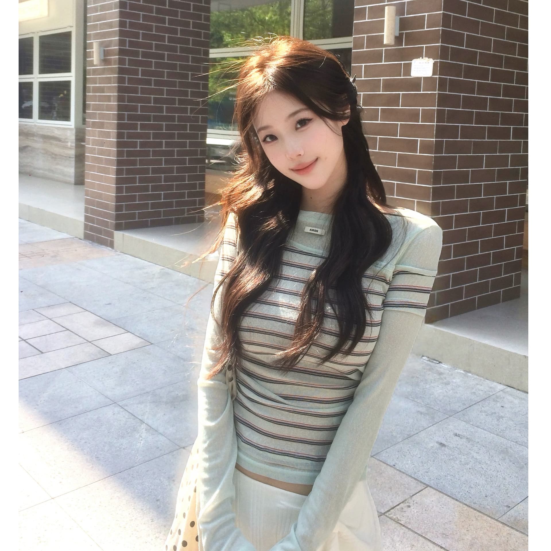 원본 원단 ~을 통해 센스 스트라이프 페이크 레이어드 긴팔 티셔츠 한 첨부 된 의류