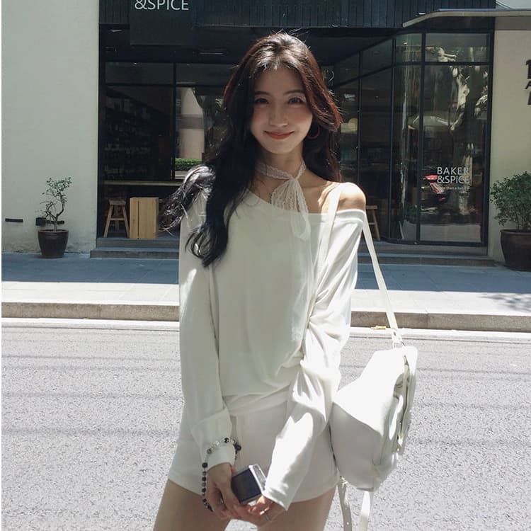 210 그램 92 면 8 암모니아 Lun 단색 다용도 비스듬한 어깨 의류 여성 긴 소매 느긋한 바람 둘 착용 오프숄더 티셔츠 상세 이미지 2