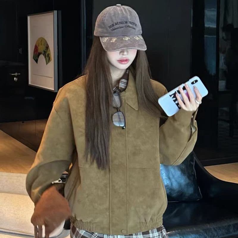 원본 것 아메리칸 레트로 스웨이드 원단 폴로 칼라 캐주얼 재킷 맨위 아름다움 라드. 루즈핏 브라운 재킷 이미지 3