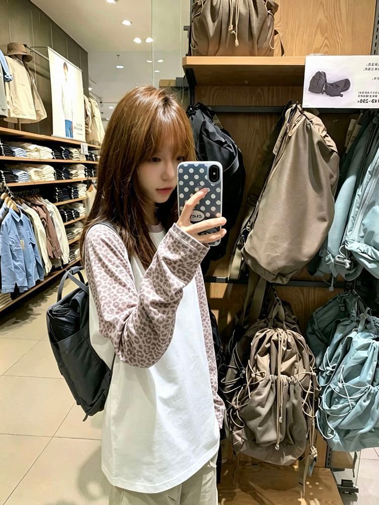 레오파드 무늬 소매 아메리칸 레트로 싸움 플러그 어깨 긴팔 티셔츠 여성 자수 배색 조수 브랜드 봄 가을 맨위 남자 ins 이미지 4