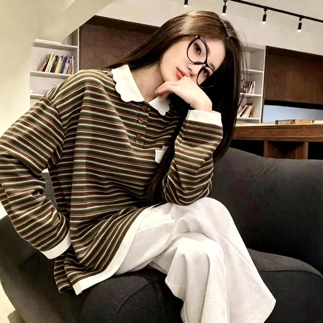 눈꽃 면 꽃잎 칼라 스트라이프 긴팔 티셔츠 여성 이른 가을 새로운 한 부서 느긋한 느슨함 센스 POLO 칼라 맨위 이미지 2