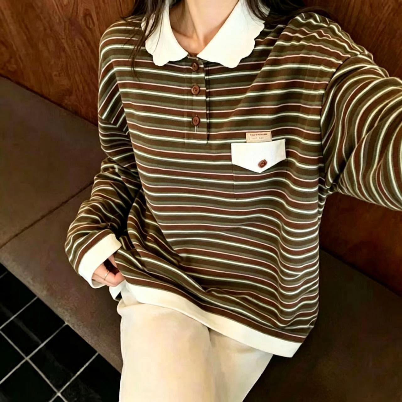 눈꽃 면 꽃잎 칼라 스트라이프 긴팔 티셔츠 여성 이른 가을 새로운 한 부서 느긋한 느슨함 센스 POLO 칼라 맨위 이미지 4