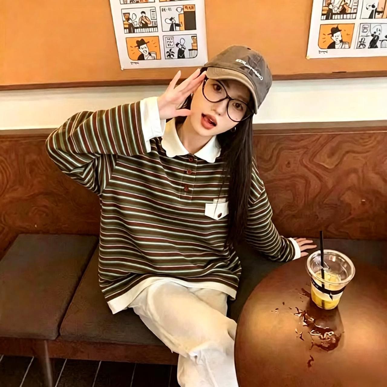 눈꽃 면 꽃잎 칼라 스트라이프 긴팔 티셔츠 여성 이른 가을 새로운 한 부서 느긋한 느슨함 센스 POLO 칼라 맨위 상세 이미지 1