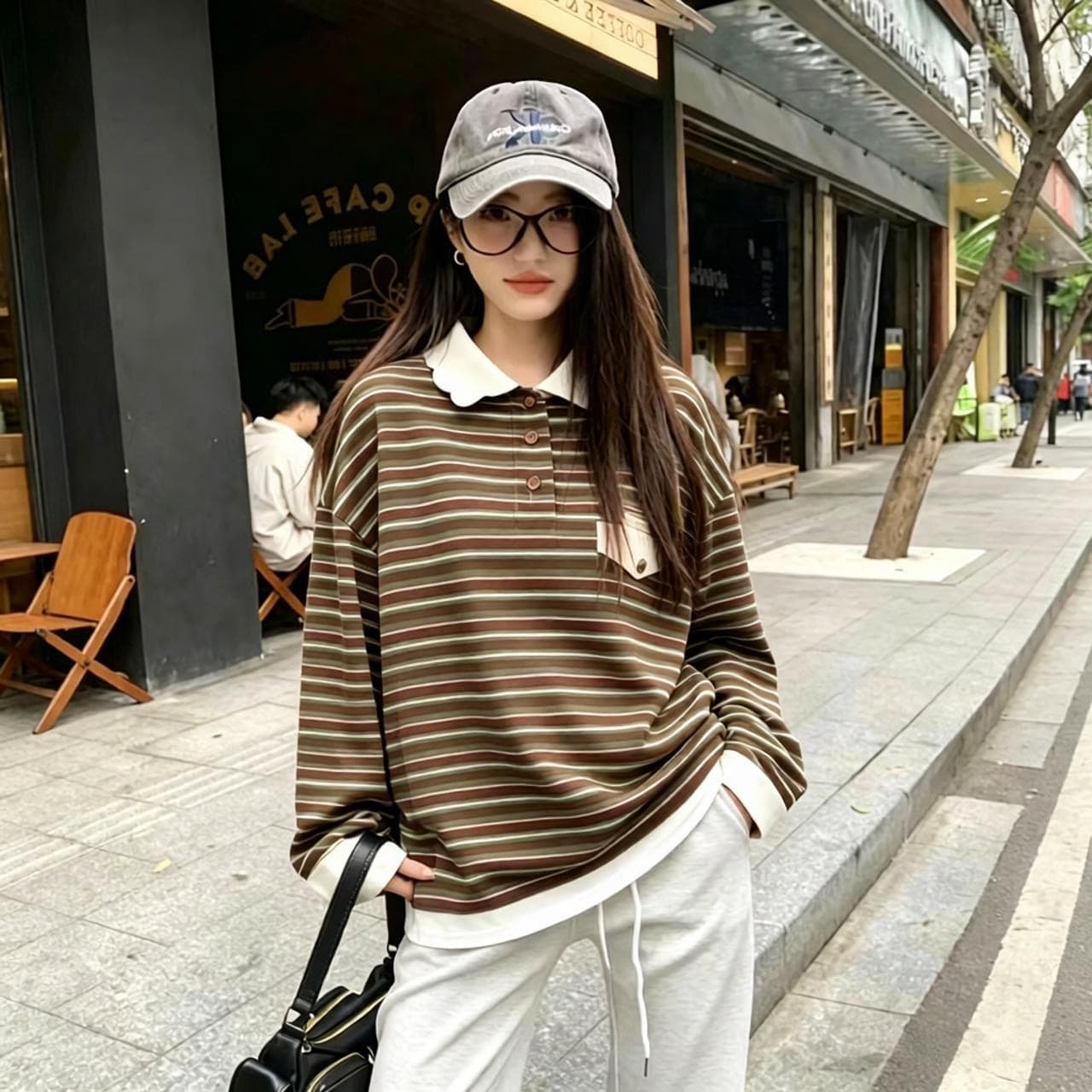 눈꽃 면 꽃잎 칼라 스트라이프 긴팔 티셔츠 여성 이른 가을 새로운 한 부서 느긋한 느슨함 센스 POLO 칼라 맨위 상세 이미지 3