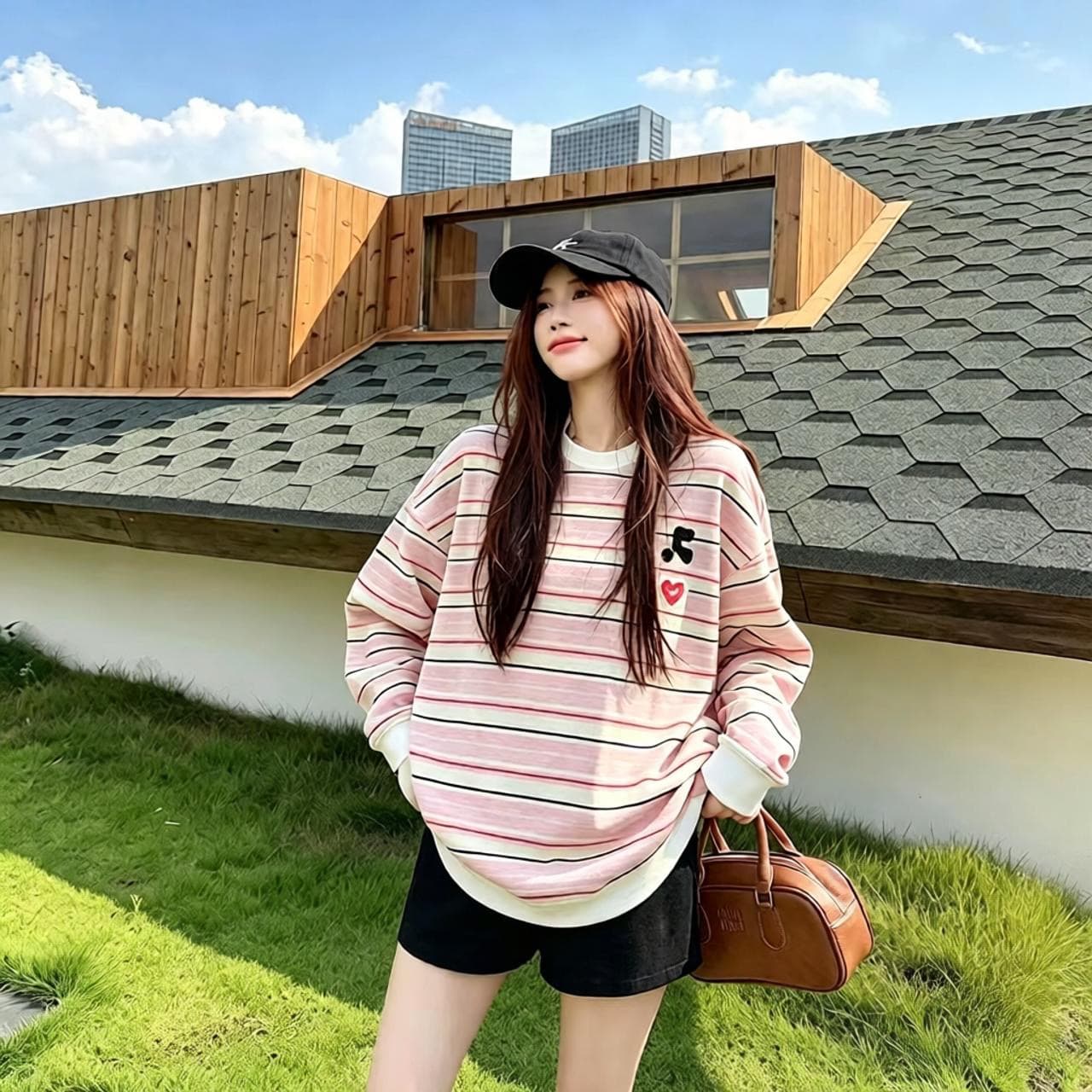 한 스타일 레트로 하트 스트라이프 긴팔 티셔츠 여성 봄 가을 루즈핏 얇은 스타일 느긋한 맨위 티셔츠 여성 상세 이미지 1