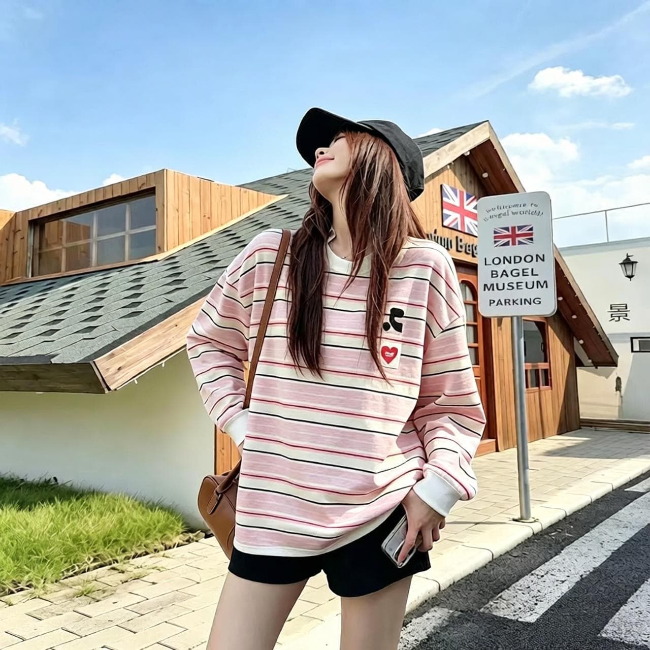 한 스타일 레트로 하트 스트라이프 긴팔 티셔츠 여성 봄 가을 루즈핏 얇은 스타일 느긋한 맨위 티셔츠 여성 상세 이미지 2