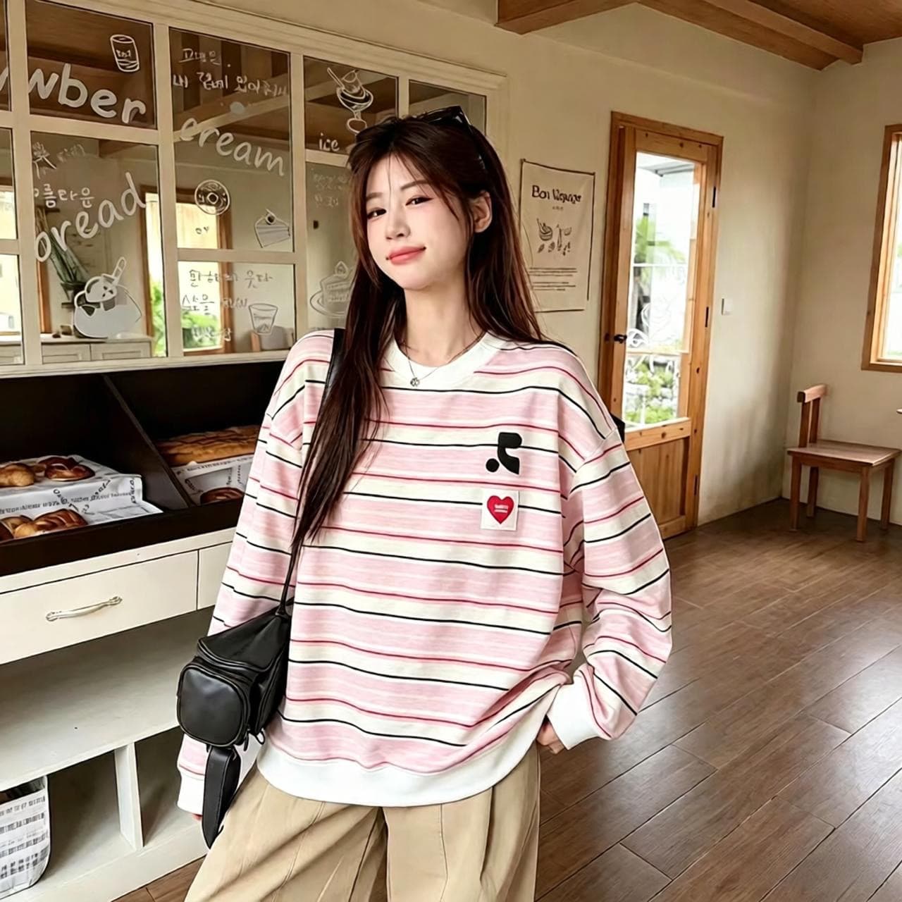 한 스타일 레트로 하트 스트라이프 긴팔 티셔츠 여성 봄 가을 루즈핏 얇은 스타일 느긋한 맨위 티셔츠 여성 상세 이미지 4