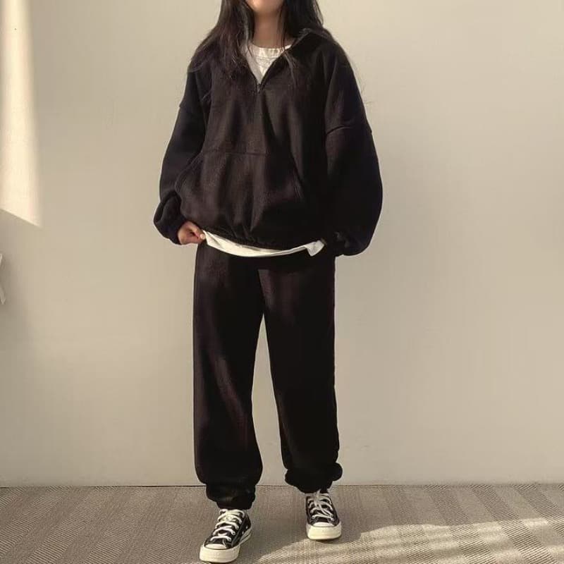 chic 레트로 두꺼운 보온 폴로 칼라 풀오버 긴팔 후드티 조거 캐주얼 바지 투피스 세트 상세 이미지 5