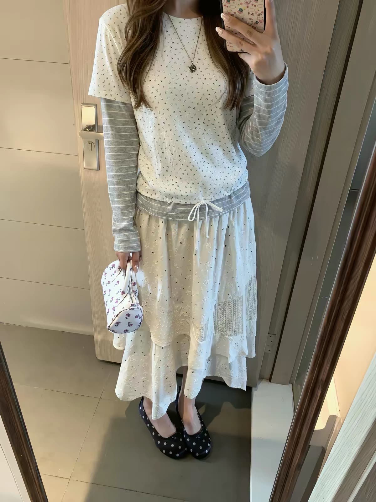 프린트 40 순면 230 크 페이크 레이어드 긴팔 이미지 4