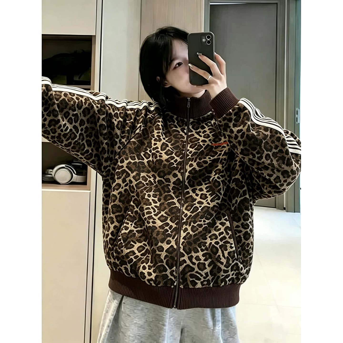 아메리칸 레트로 쇼트 스타일 레오파드 무늬 재킷 남녀 가을 조수 브랜드 스트라이프 패치워크 cleanfit 지퍼 카디건 코트 상세 이미지 3