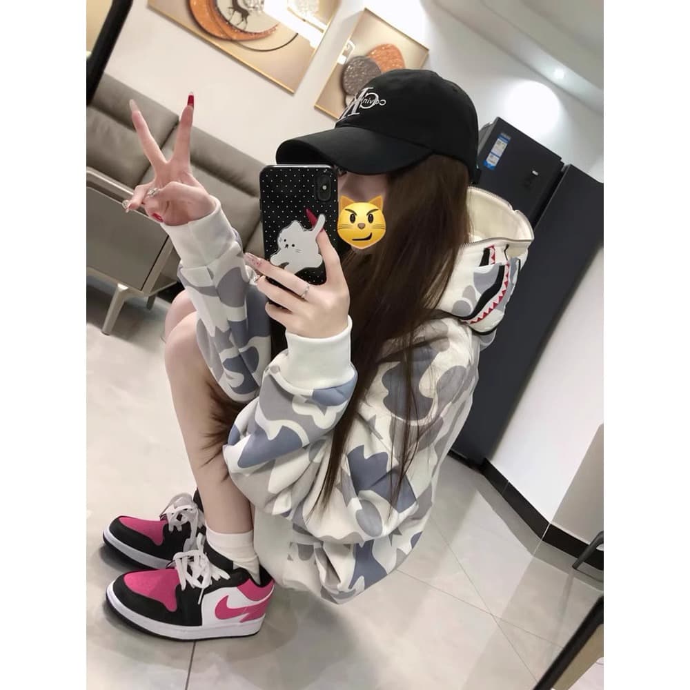 상어 이중층 후드 티 스웨터 남녀 봄 아메리칸 hiphop 높음 거리 트렌디 무거운 2026 새로운 카모플라주 재킷 이미지 3