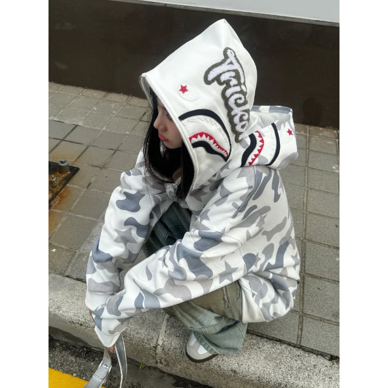 상어 이중층 후드 티 스웨터 남녀 봄 아메리칸 hiphop 높음 거리 트렌디 무거운 2026 새로운 카모플라주 재킷 이미지 4