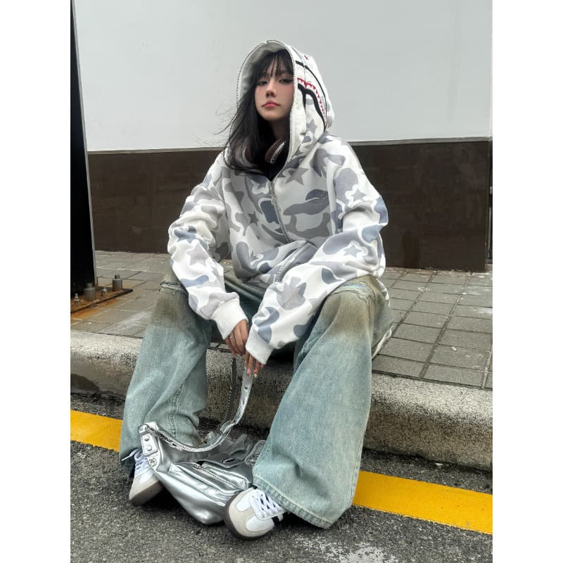상어 이중층 후드 티 스웨터 남녀 봄 아메리칸 hiphop 높음 거리 트렌디 무거운 2026 새로운 카모플라주 재킷 이미지 5