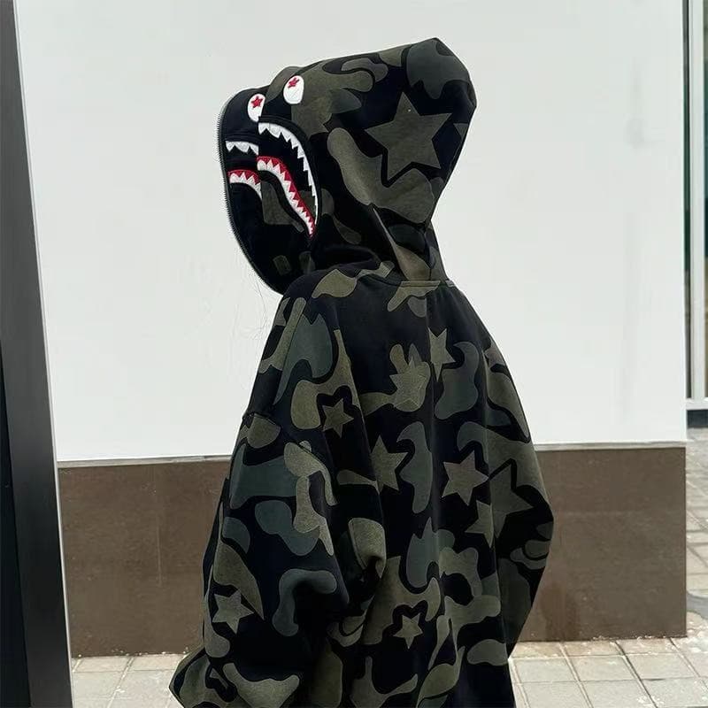 상어 이중층 후드 티 스웨터 남녀 봄 아메리칸 hiphop 높음 거리 트렌디 무거운 2026 새로운 카모플라주 재킷 상세 이미지 1