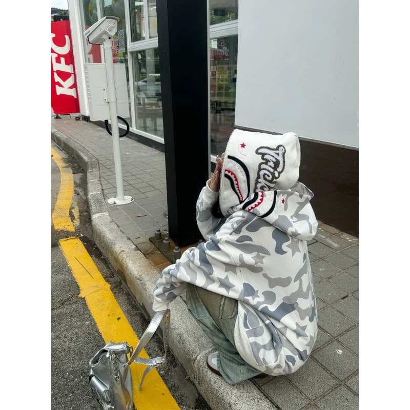 상어 이중층 후드 티 스웨터 남녀 봄 아메리칸 hiphop 높음 거리 트렌디 무거운 2026 새로운 카모플라주 재킷 상세 이미지 7