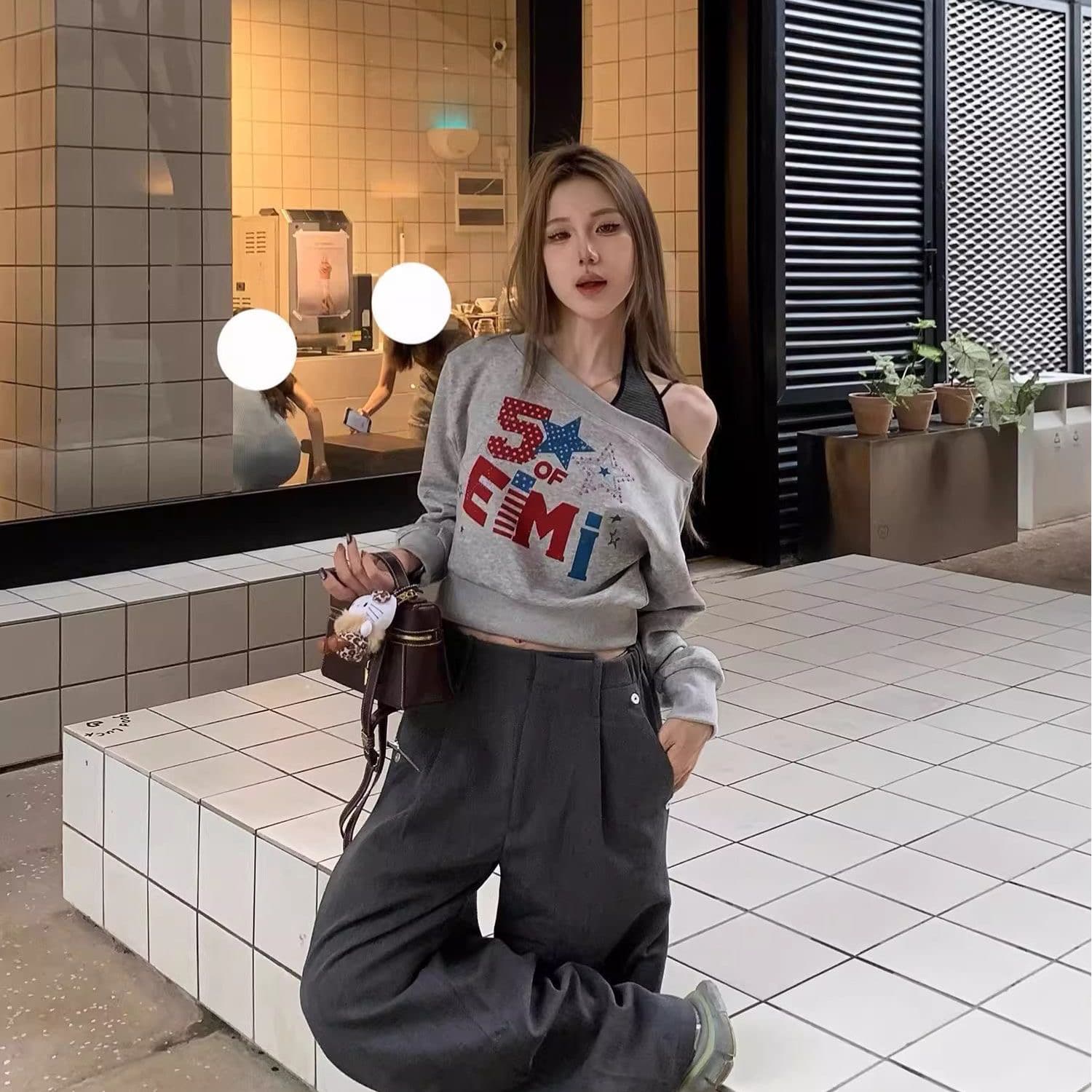 모방 Mianhua 면 복합 우유 실크 310 크 가을 아메리칸 레트로 프린트 섹션 오프숄더 긴팔 후드티 이미지 4