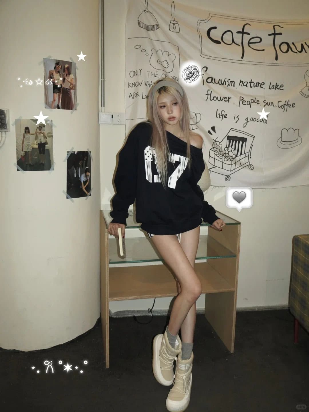 아메리칸 레트로 비스듬한 어깨 후드티 여성 가을 겨울 프린트 맨위 이미지 4