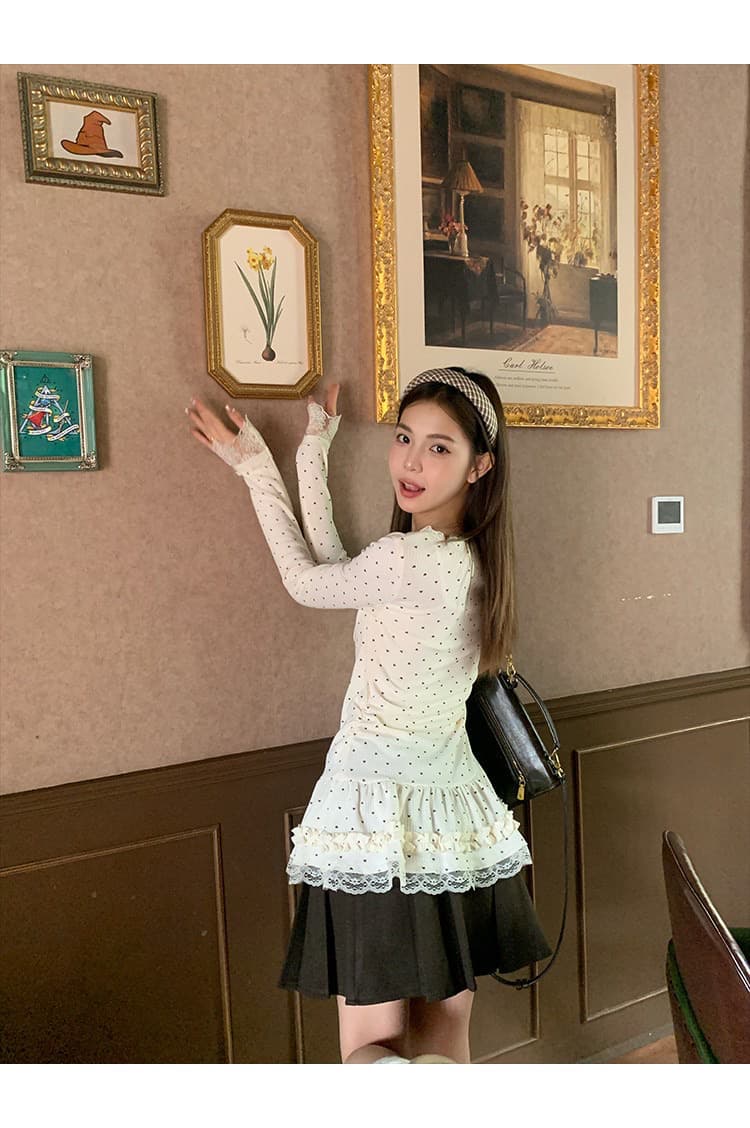 260 그램 사람들 면 모달 도트 무늬 프린트 레이스 레이스 긴팔 티셔츠 여성 V넥 몸매 가꾸기 스택 착용 맨위 이미지 4
