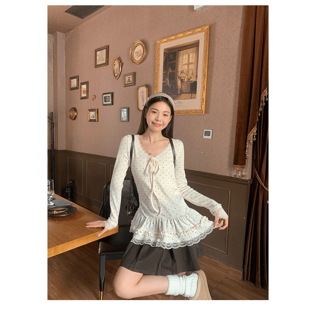260 그램 사람들 면 모달 도트 무늬 프린트 레이스 레이스 긴팔 티셔츠 여성 V넥 몸매 가꾸기 스택 착용 맨위 이미지 5