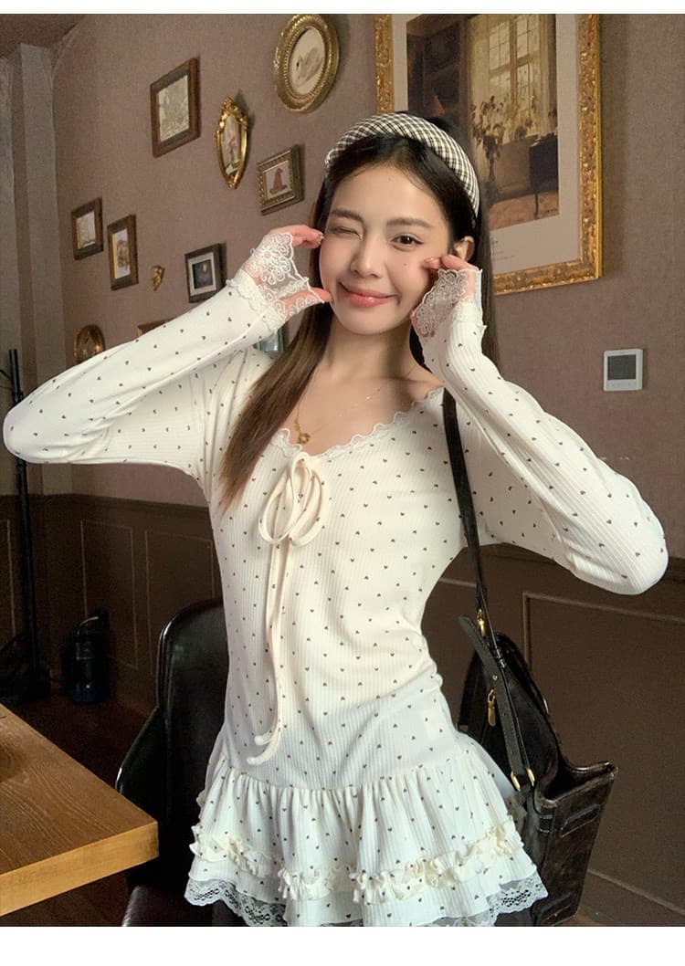 260 그램 사람들 면 모달 도트 무늬 프린트 레이스 레이스 긴팔 티셔츠 여성 V넥 몸매 가꾸기 스택 착용 맨위 상세 이미지 2