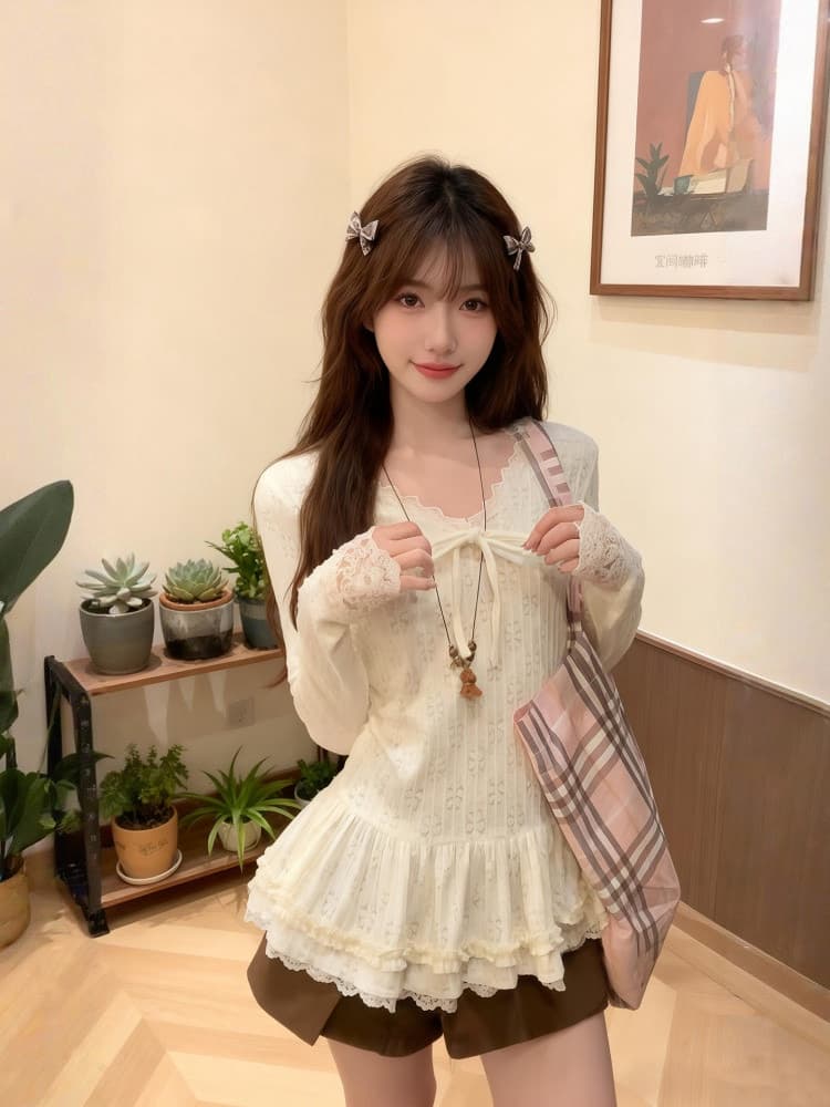 원본 원단 레이스 레이스 스트랩 V넥 긴팔 티셔츠 여성 몸매 가꾸기 홀로우 아웃 만나는 맨위