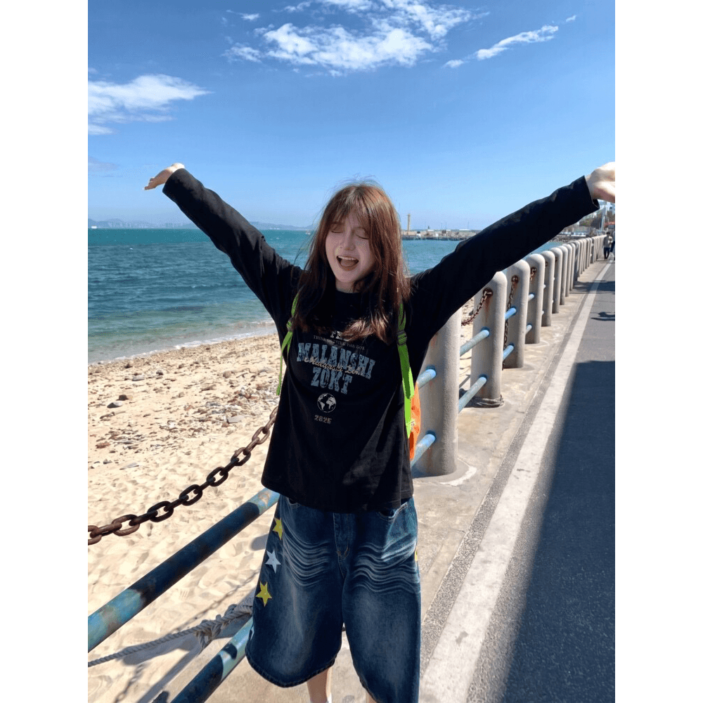 높은 품질 순면 200그램 21 빗질하다 정밀 프린트 가을 루즈핏 긴팔 티셔츠 여성 이미지 5