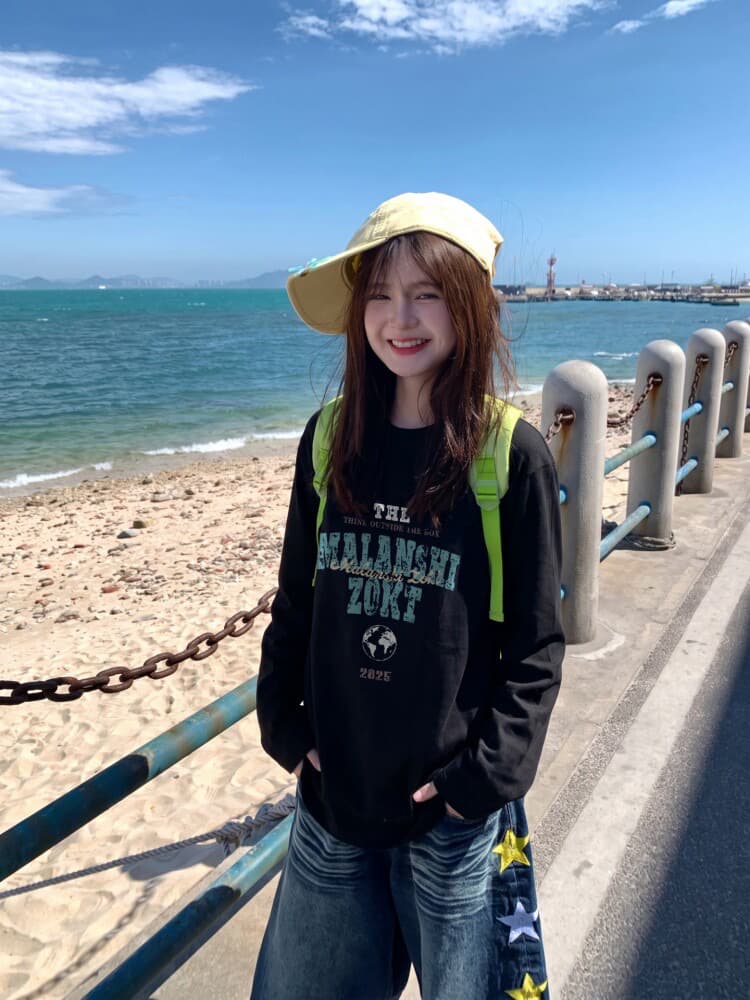 높은 품질 순면 200그램 21 빗질하다 정밀 프린트 가을 루즈핏 긴팔 티셔츠 여성 상세 이미지 1