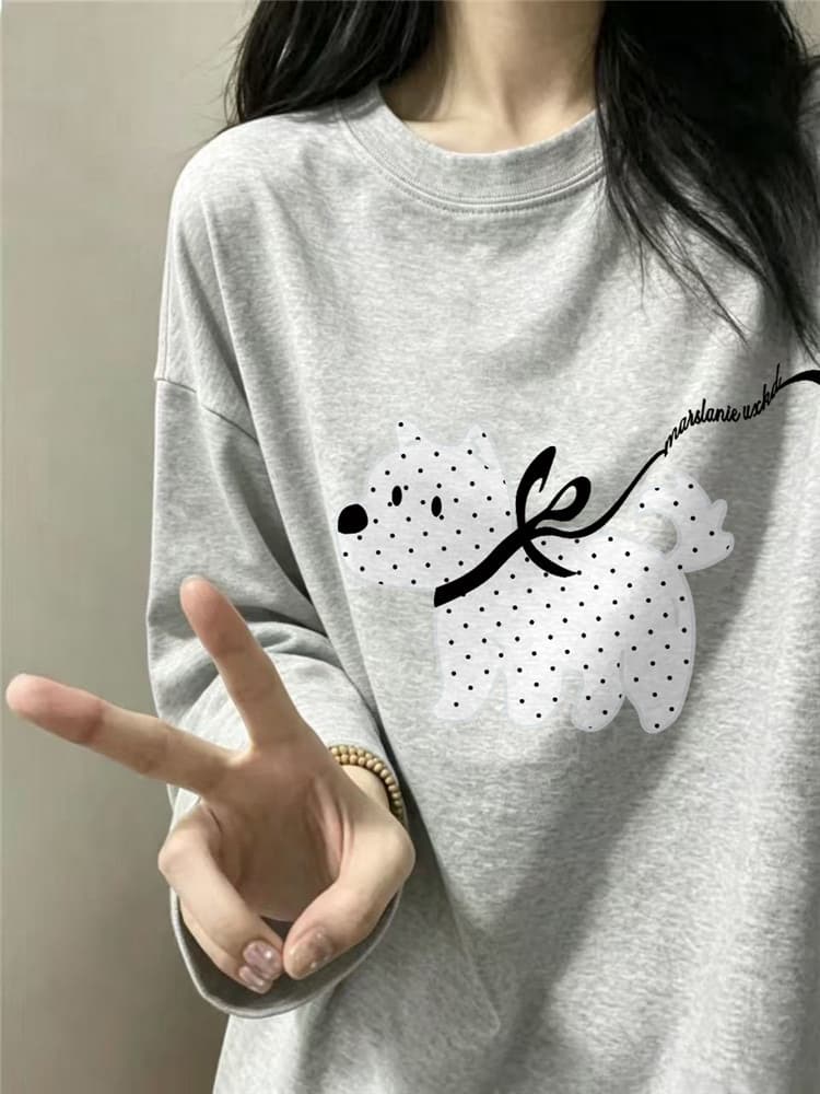 높은 품질 순면 200그램 21 빗질하다 정밀 프린트 가을 루즈핏 긴팔 티셔츠 여성 이미지 2