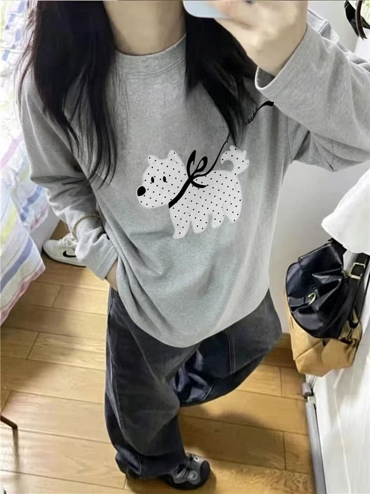 높은 품질 순면 200그램 21 빗질하다 정밀 프린트 가을 루즈핏 긴팔 티셔츠 여성 이미지 4