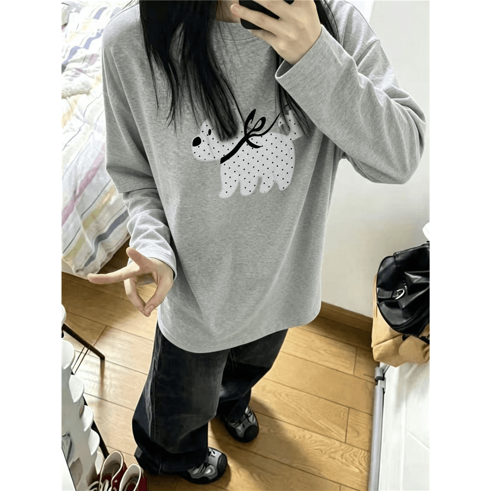 높은 품질 순면 200그램 21 빗질하다 정밀 프린트 가을 루즈핏 긴팔 티셔츠 여성 이미지 5