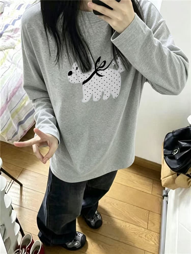 높은 품질 순면 200그램 21 빗질하다 정밀 프린트 가을 루즈핏 긴팔 티셔츠 여성 상세 이미지 4