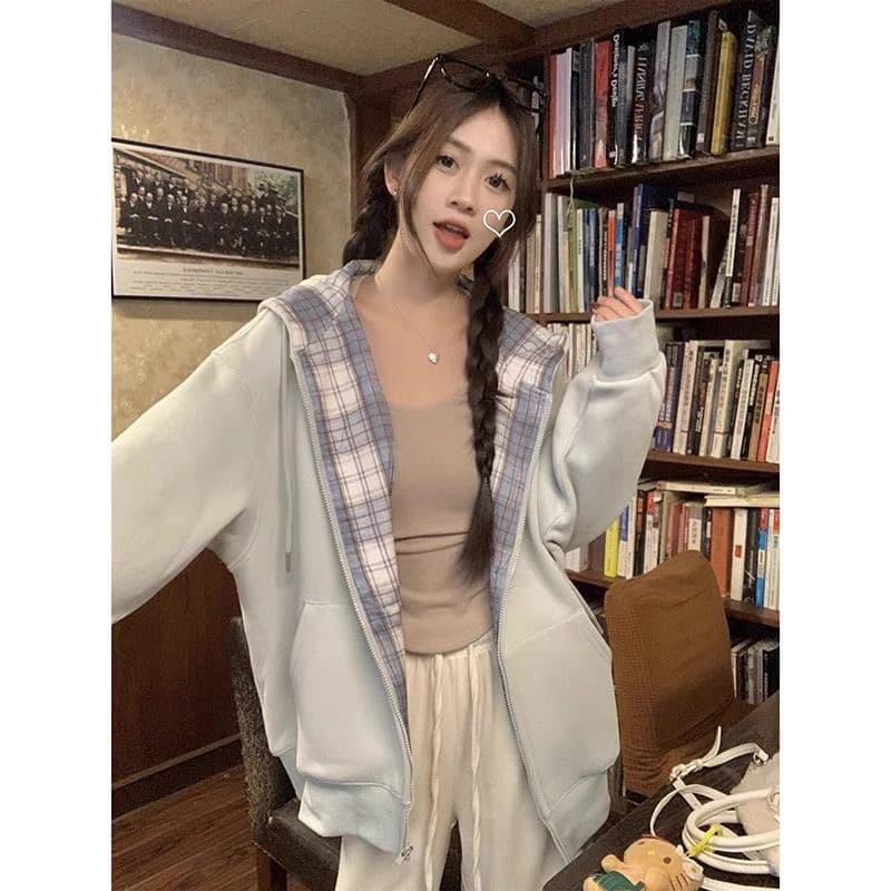 후아 면 복잡한 우유 실크 은 여우 플러시 블루 체크무늬 후드 티 스웨터 루즈핏 재킷 상세 이미지 3